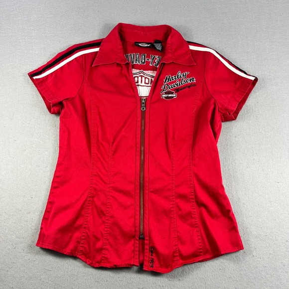 Harley Davidson Womens Red Full Zip Short Sleeve Mechanic Shirt Embroidered M - Picture 2 of 7